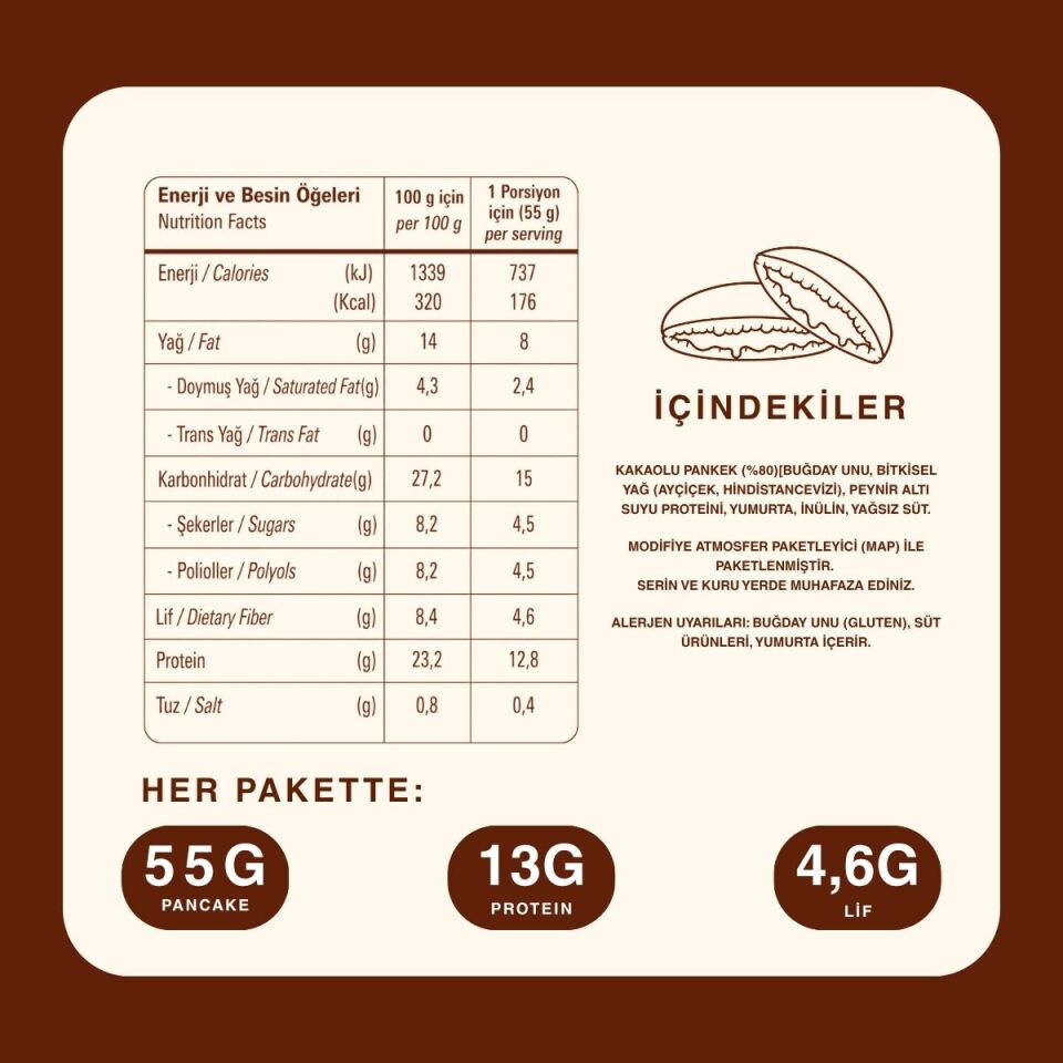 Çift Çikolatalı Kakaolu Protein Pankek (55g x12 Adet)