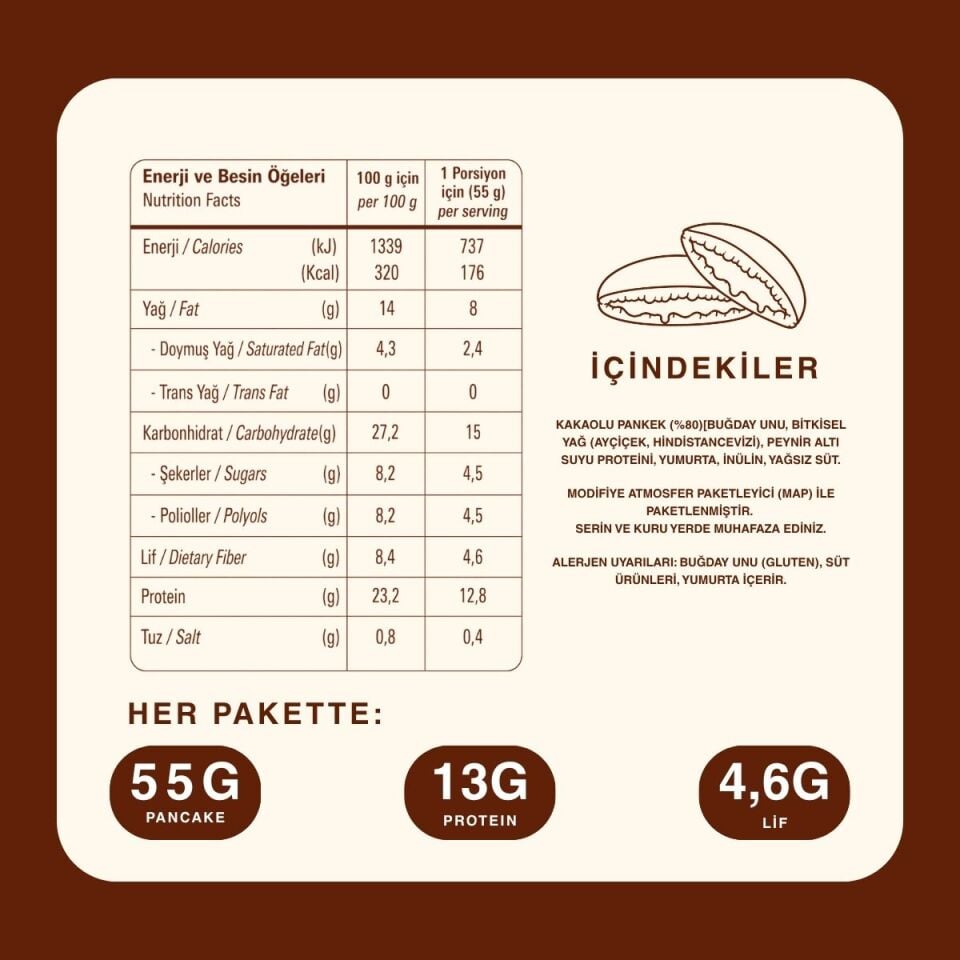Çift Çikolatalı Kakaolu Protein Pankek (55g x12 Adet)